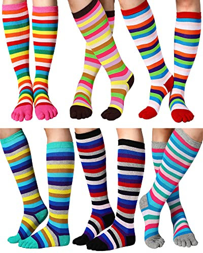 Jeere 6 Paar Regenbogen-Zehensocken Damen Baumwolle Kniehohe Zehensocken mit Zehen Getrennte Gestreifte Oberschenkelhohe Socken Beinstulpen LGBT Pride Lange Socken (Schwarz, Grau, Grün, Einheitsgröße