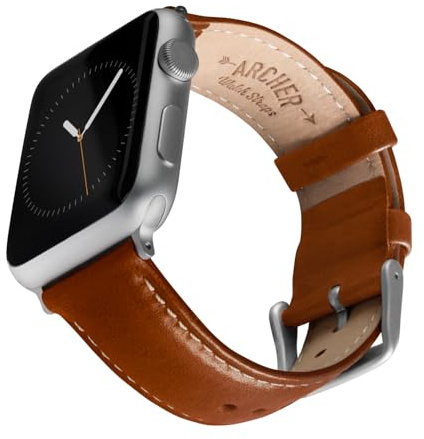 Archer Watch Straps - Uhrenarmbänder aus Hochwertigem Genarbtem Leder für Apple Watch (Cognac/Naturweißes Garn, Silber, 44/45/46/49mm)