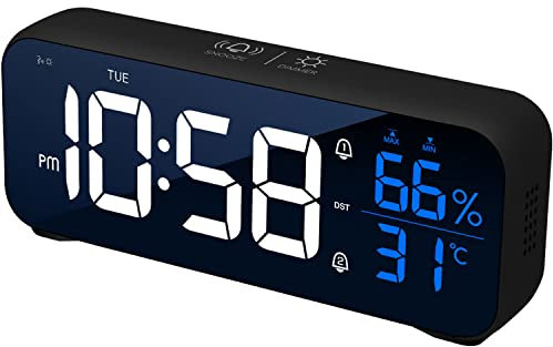 VINILITE Digitaler Wecker LED Digitaluhr Temperaturanzeige Luftfeuchtigkeitsanzeige Tragbarer Wecker Digital mit 2 Alarmen, 4 Helligkeit Regelbar, USB Ladeanschluss Tischuhr 18 Alarmtöne 12/24 HR