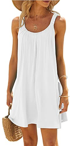 Women's Casual Summer Beach Dress Solid Color Sleeveless Backless U Neck Beachwear Bikini Cover Up (A-White, XL)