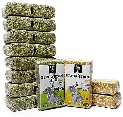 Hayrabbit Naturstroh & Bergwiesenheu - 3kg Stroh und 9kg Heu in 1kg Beuteln verpackt, allergikerfreundlich, Beste Qualität