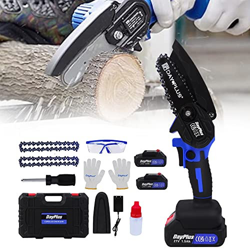 Mini Tronçonneuse à Batterie, 4 Pouces Tronçonneuse Électrique Sans Fil, Brushless Scie à Chaîne Sans Fil avec 2 Chaînes, 2 Batteries et Chargeur, pour la Coupe du bois, l'élagage le Jardin