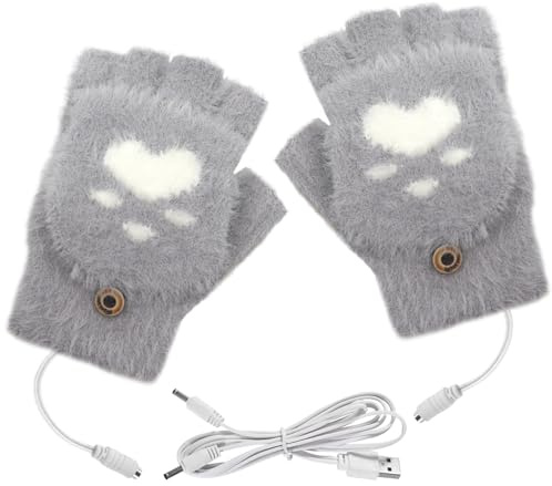 Beamely USB Heated Gloves for Women, Full & Half Finger Soft Mitten Knitted Heated Hand Gloves Cute Cat Paw Washable Warmer Fingerless Gloves for Winter Indoor or Outdoor Laptop Office Work Typing