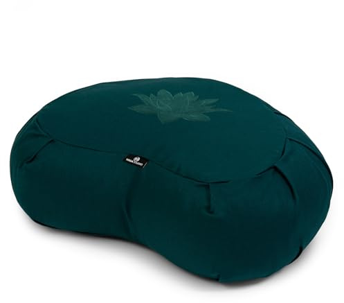 Yoga Studio Lotus Crescent Zafu - Puf de meditación con funda de algodón, 42 x 13 x 18 cm, cáscaras de trigo sarraceno, asa de transporte, accesorios de yoga, color verde azulado