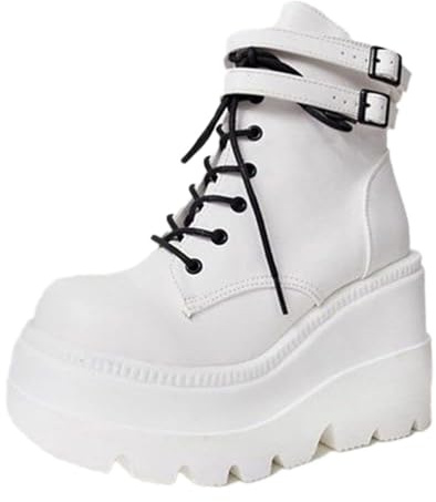 ticticlily Bottines Compensées pour Femme Bottes Courtes Plateforme Talons Hauts à Lacets Automne Hiver élégant Baskets Décontractées Sneakers A Blanc 38 EU