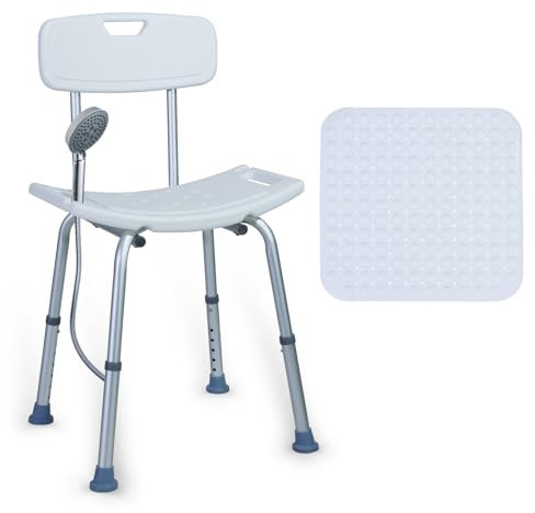 CCLIFE Duschhocker für Senioren mit rutschfeste Matte Rückenlehne 120kg Höhenverstellbar Aluminium Duschstuhl Anti-Rutsch 40-54 cm