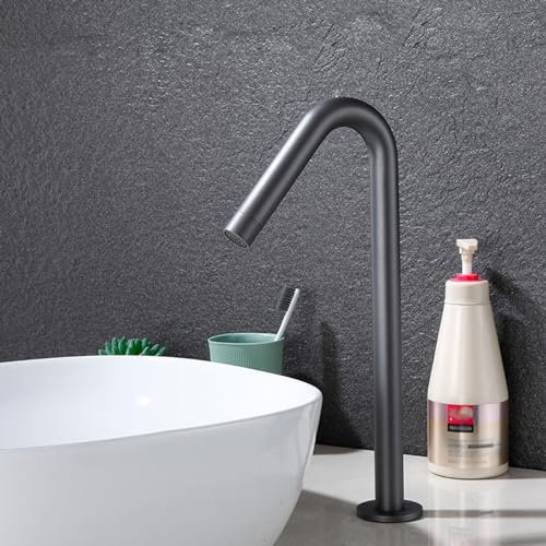 XJTNLB Rubinetto con Sensore Bagno Rubinetti Bagno Caldo Freddo Rubinetto Infrarossi Lavabo Rubinetto Automatico a Batteria Miscelatore Bagno,Grigio,Alto