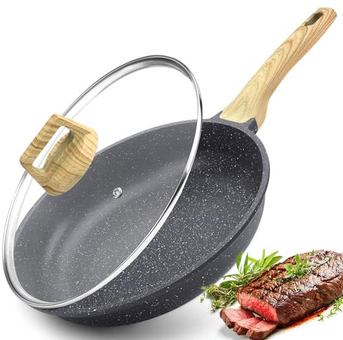 GiPP Antihaft Pfanne mit Deckel 24cm, Granit Beschichtete Bratpfanne Pfanne 24 cm Induktion, PFOS/PFOA-frei, Non Stick Frying Pan Bratpfanne mit Deckel für Alle Herdarten, Grau
