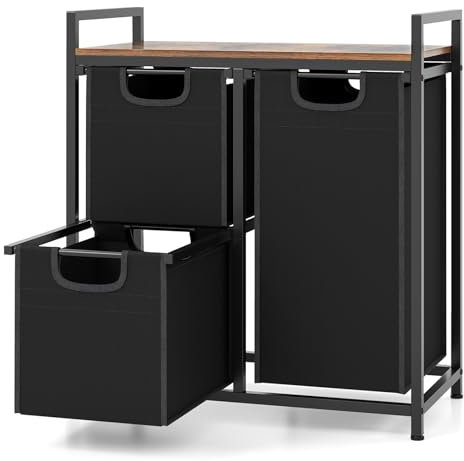 GOPLUS Panier à Linge avec Etagère et 3 Sacs Amovibles, Panier à Linge avec Compartiments Coulissants, Pieds Réglables, Trieur de Linge Spacieux, pour Buanderie, Salle de Bain, Chambre(3 Tiroirs)