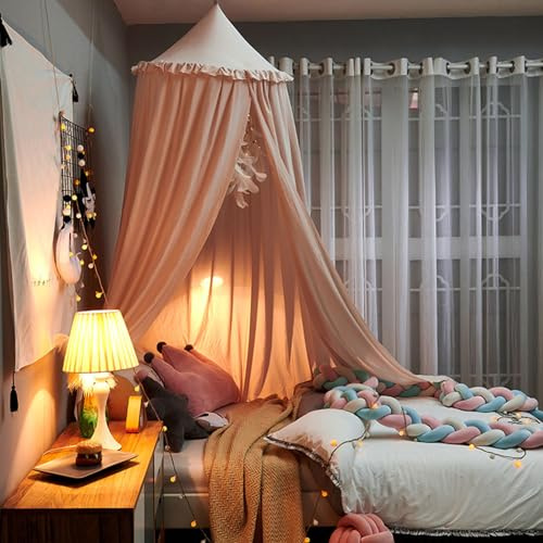 Odot Ciels de Lit Enfants pour Fille et Garcon, Ciel de lit Bébé Tente Lit Princesse Maison de Jeux,Baldaquin Moustiquaire Décoration pour Dôme Chambre d'enfant et Salle de Jeux (65cm,Beige Rose)