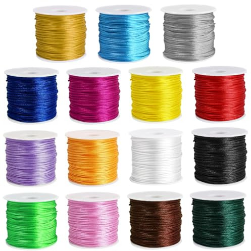 Ewparts Filo di nylon per braccialetti Filo per bracciale per perle Filo di nylon Cordoncino di seta 15 pacchi Filo per artigianato 1,5 mm Filo di raso per gioielli, artigianato, macramè, perline