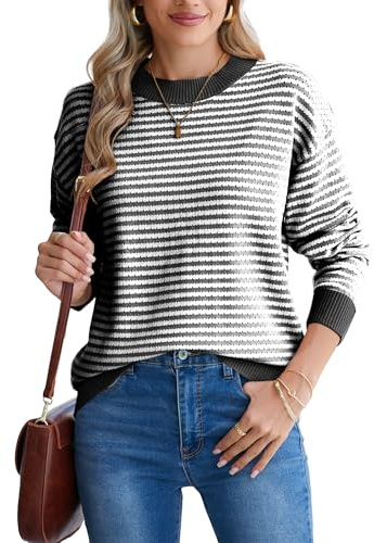 Famulily Maglione da donna a righe traforato a blocchi di colore girocollo a maniche lunghe allentato maglione pullover top, Nero , XL