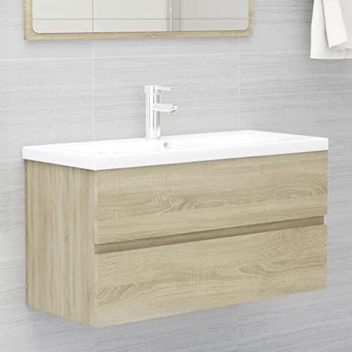 WKIEQACO Armarios y almacenamiento, unidades de tocador, unidades de tocador de baño, armario de lavabo con lavabo integrado, madera de roble Sonoma