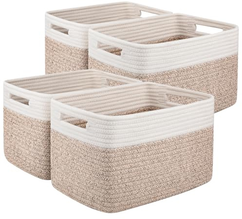 OIAHOMY 4 Pack Storage Baskets for Organizing, Basket for Shelves with Handle, Woven Baskets for Storage Toys, Towels, Books, Cotton Rope Basket 13 L x 9  W x 7.8  H, Brown & White