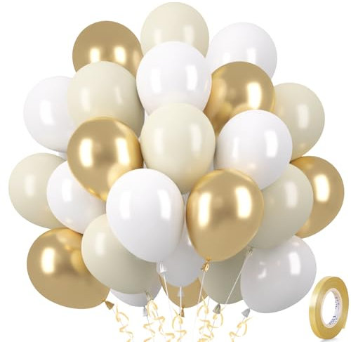 30 Globos Beige Blanco Oro, Globos Beige Globos de Látex, 12 Blanco Dorado Globo de Boda, Arena Blanca Metálica Guirnalda de Globos de Oro para Cumpleaños Baby Shower Party Decorations