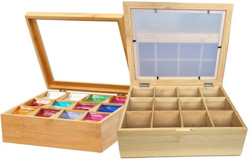 Naturebuz Bamboo Storage Box – 12 Compartment Tea Bag & Coffee Organiser with Semi-Transparent Lid | Natural Wooden Caddy for Crafts, Jewellery & More, 28x23x8 cm