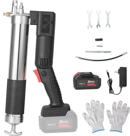 Pistolet à Graisse Sans Fil, Haute Efficacité 5.3 oz/min,Pompe a Graisse Electrique de 24V 12000PSI, Kit Professionnel de Graissage Sans Fil avec 1x13000mah Batterie et Chargeur