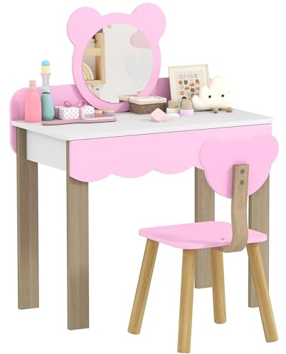 AIYAPLAY Kinder Schminktisch Set Frisiertisch mit Hocker Spiegel Schubladen Zubehör, Make-up Tisch Set im Bärendesign, Kinderschminktisch Prinzessin Kosmetiktisch für Mädchen 3-8 Jahre Rosa