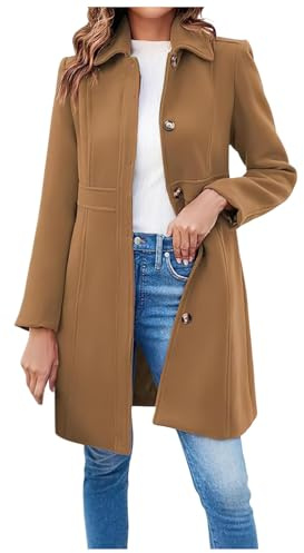 Cappotto da donna in lana con bottoni sul petto invernale casual midi lungo misto lana trench coat, Marrone, M
