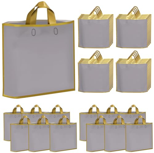 NAHRMY 50 stycken merchandise shoppingpåsar plast presentpåsar stora grå 40 x 35 x 10 cm, varupåsar plast påsar med handtag för små företag bröllpsfestpåsar