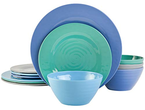 Gibson Home Brist Melamine Plastic Dinnerware Set, Service for Four (12pcs), Blue