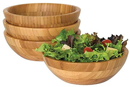 DoMyfit Lot de 4 bols de service avec couvercle en bambou parfait pour salade, fruits, pâtes 14 x 6,3 cm