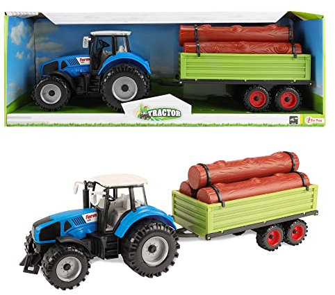 Toi-Toys Spielzeug Traktor mit Holzanhänger für Kinder - Kindertraktor mit Anhänger - Spielzeugauto Bauernhof - ca. 20 cm - Blau - ab 3 Jahren