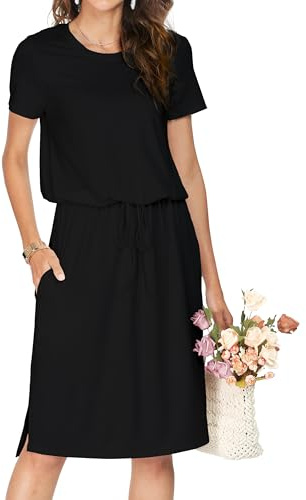 Women Summer Knit Short Sleeve Travel Outfit Hide Belly Tummy Funeral Work Casual Midi Knee Spring Blouson Dress Black S