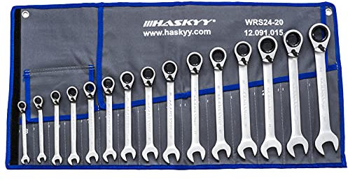HASKYY 15tlg I 8-24mm I Ratschenschlüssel-Set I 15° Arbeitswinkel I Gabelschlüssel Ratschen-Schlüssel-Satz Maulschlüssel