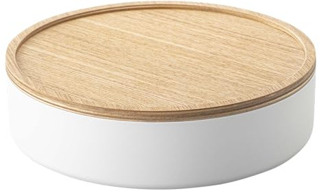 YAMAZAKI 5801 RIN Runde Aufbewahrungsbox mit Deckel, weiß, Stahl/Holz, minimalistisch, 22 x 22 x 6 cm