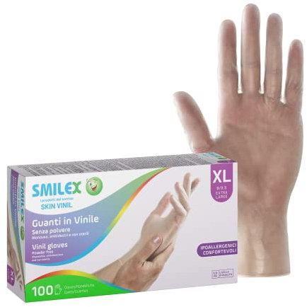 Bericah Smilex,Skin Vinil,Guanti in Vinile,Senza Polvere,Taglia XL,100 Pezzi