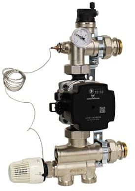 ENVIRON – fast reglerset justerbar 20–70 °C med högeffektiv pump och hållare | lämplig för golvvärme pumpgrupp | Mässing: CW 617N O – nickelpläterad (Grundfos UPM3 25/6)
