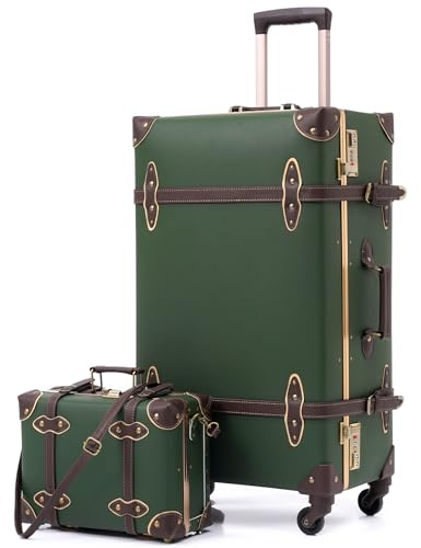Urecity Vintage Resväska med 4 Hjul Handkärra - Lätt Retro Hårt Skal 2 Delar med 30 cm Liten Kropp, Grön, S(12)+L(26), Vintage