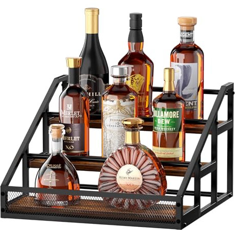 Weinständer aus Holz mit Tablett,3-stöckiges Regal für Spirituosenflaschen, Barregale für Spirituosenflaschen, Barregal für Spirituosenflaschen, Spirituosenregal