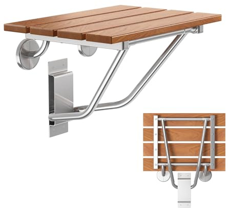Folding Shower Seat & Chair Wall Mounted for Adults, Fold Down Shower Bench & Stool for Inside Shower, for Small Spaces, Foldable (Teak, Extra Large)