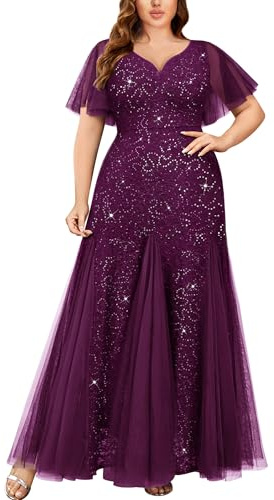MISSMAY Women's Plus Size Sequins Lace Tulle Sweetheart Neck Ruffle Sleeves Formal Evening Party Maxi Dress (1XL, Maroon)