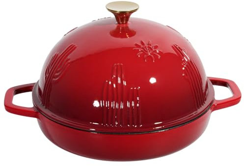 Flavehc Forno per pane in ghisa con coperchio a cloche per cottura - Forno olandese smaltato rosso con coperchio a cupola per lievito naturale - 2,6 qt