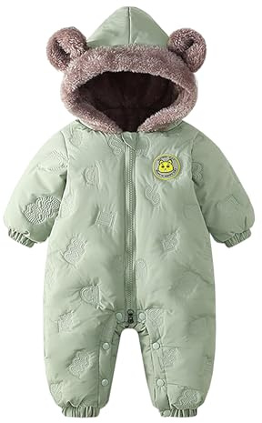 JiAmy Baby Snowsuit Hooded Romper Winter Outfits Boys Girls Cartoon Bear Fleece Jumpsuit Green 18-24 Months