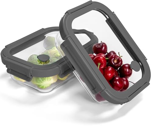 BOROHOUSE 2-Pack Glass Food Storage Containers with Tempered Lids (630ml/2.7cup) - Airtight Snap Lock, Microwave & Oven Safe (-20°C~510°C), Freezer to Baking Dish, BPA-Free, Gift Box（Gray）