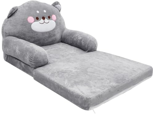 Hemobllo Sofá Cama Infantil 2 en 1 Plegable, 90x50 cm, Felpa Gris Oso, Funda Lavable, Convertible Sillón-Tumbona para Dormitorio, Guardería, Regalo Niños 1-4 Años