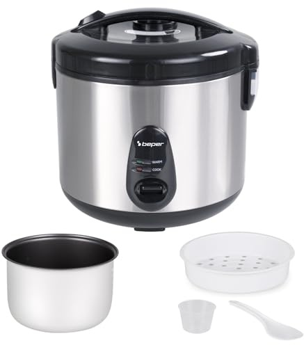 BEPER P101VAP020 Cuiseur à riz Vaporé Max 1800 g, antiadhésif, fonction maintien au chaud, cuisson vapeur, acier inoxydable, accessoires inclus, sans BPA