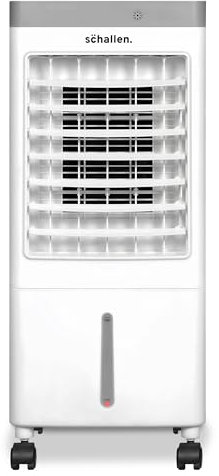 Schallen Portable Air Cooler for Home and Office Use, Sleek Design 3 Speed Settings with Large 10 Litre Water Tank, Remote Control, 65W, White and Grey