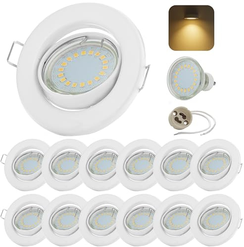 Sweet Led Einbaustrahler 230V Weiß 12er Set – Deckenspots schwenkbar Ø68mm – 5W GU10 warmweiß 3000K – Einbauleuchten mit Keramik-Fassung & austauschbarem Leuchtmittel