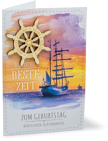 KE - Glückwunsch-Karte zum Geburtstag, mit Umschlag, DIN B6, Geburtstagskarte Maritim, Holz Schiffssteuerrad, Motiv: Schiff