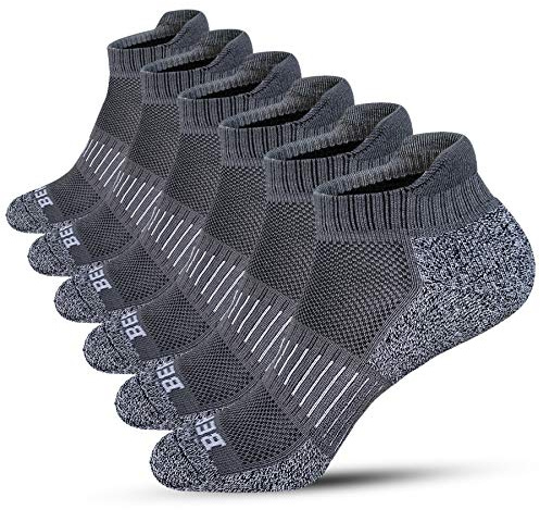 BERING Men's Athletic Running Ankle Socks Cushioned Heel Tab, Size 9-12, Dark Grey, 6 Pairs