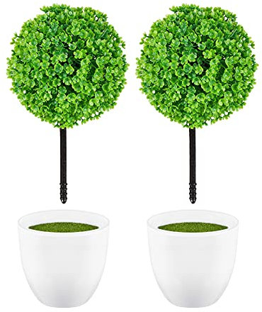Wakauto 2 Stück Künstliche Buchsbaumkugeln im Freien mit Pflanzgefäß Künstliche Buchsbaum-Topiary-Bäume Blatt-Topiary-Kugel 23 cm Realistische Gefälschte Pflanze für Hausgarten Büro