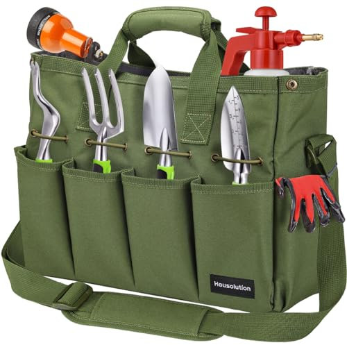 Housolution Garten Werkzeugtasche, 35 x 14 x 28 cm Tragbar Gartentasche Wasserdicht Aufbewahrungstasche mit Mehreren Taschen und verstellbarem Schultergurt Werkzeugbeutel für Haus Garage, Dunkel Grün