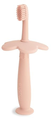 Mushie Silicone Training Toothbrush, for Infants and Toddlers, Suction Base for Easy Storage & Training, Material: Food Grade Silicone, Flower Design (Blush)