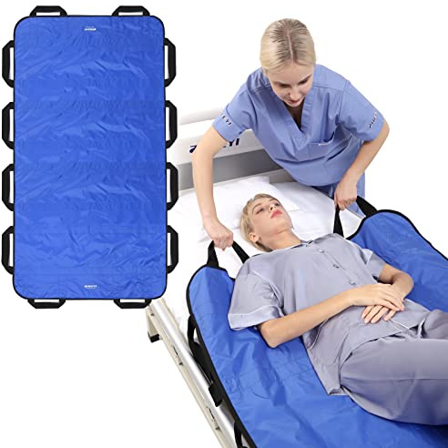 ZHEEYI Bed Positioning Pad with Reinforced Handles 63 x 40 Washable Patient Transfer Slide Sheet for Body Lifting, Turning, Repositioning, for Elderly, Incontinence, Caregiver, Blue