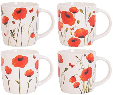 YöL Set Of 4 Poppy Floral Design Mugs New Bone China Coffee Tea Cups 350ml Home Kitchen Mug Set